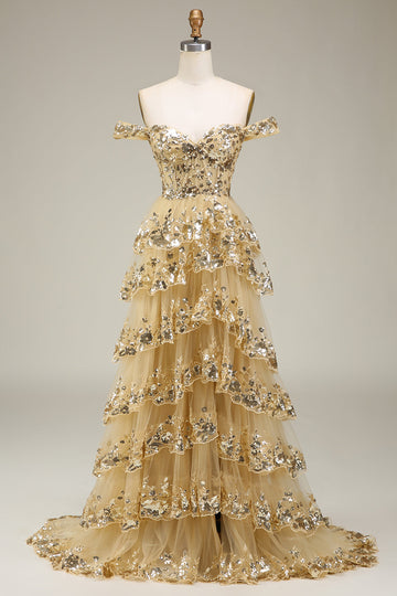 Off the Shoulder Golden Corset Tiered Prom Dress with Slit